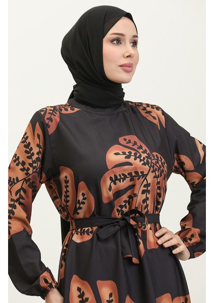 Çiçek Desenli Krep Elbise 0350A-01 Siyah Kahverengi