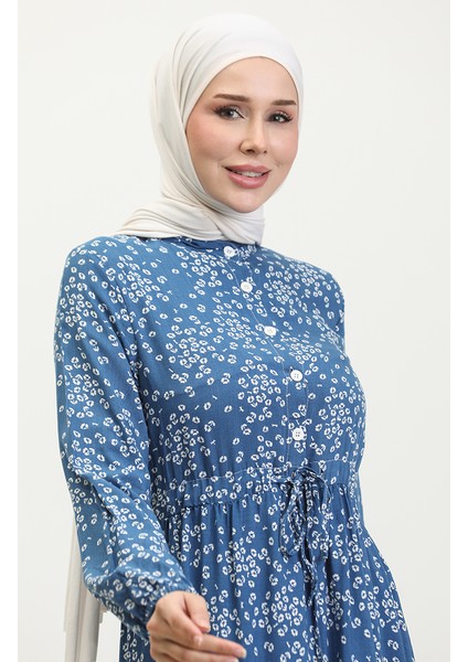 Gülsüm Yarım Düğmeli Çiçekli Viskon Elbise 0358-01 Indigo