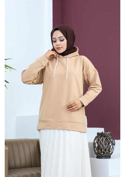 Kapüşonlu Sweatshirt 23002-01 Bej fırsatları