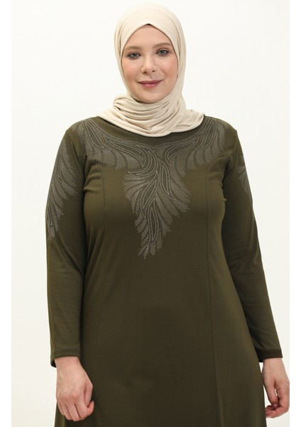 Büyük Beden Taş Baskılı Elbise 4946-04 Yeşil