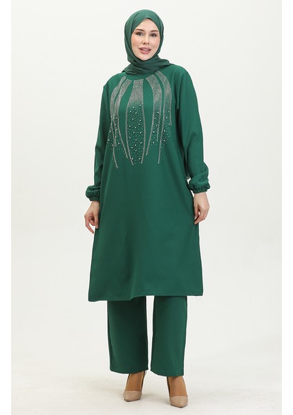 Taş Baskılı Abiye Tunik Pantolon Ikili Takım 0410-01 Zümrüt Yeşili
