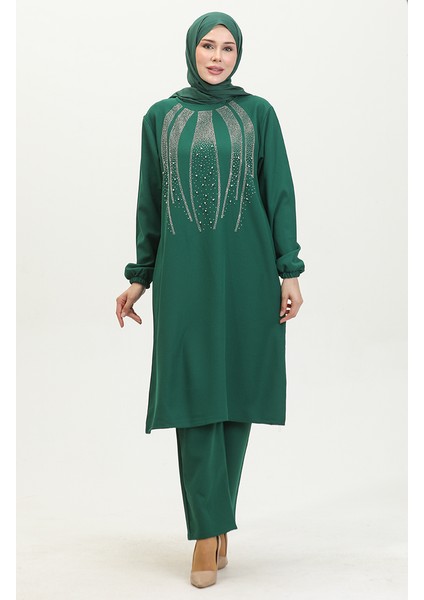 Taş Baskılı Abiye Tunik Pantolon Ikili Takım 0410-01 Zümrüt Yeşili fiyatları