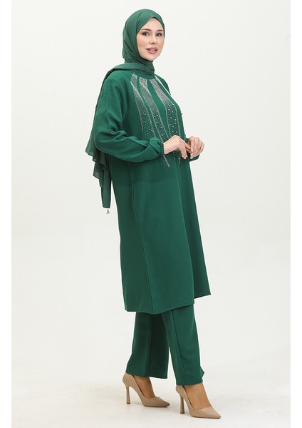 Taş Baskılı Abiye Tunik Pantolon Ikili Takım 0410-01 Zümrüt Yeşili modelleri