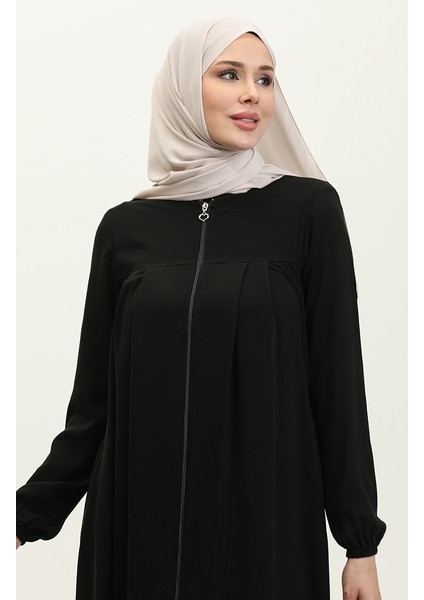 Piliseli Fermuarlı Ferace 5004-01 Siyah