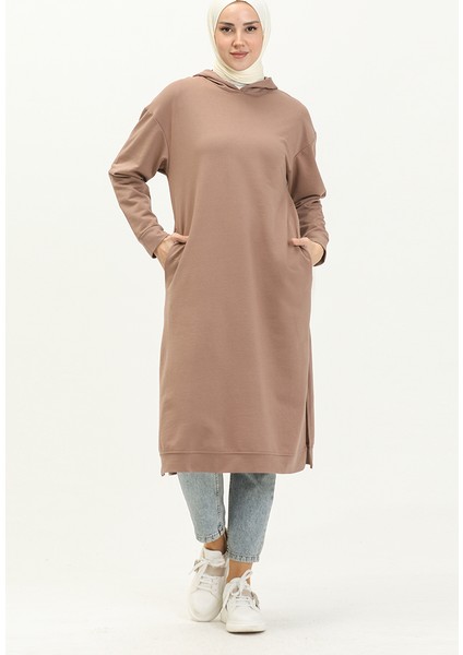 Kapüşonlu Spor Tunik 3007-24 Sütlü Kahve