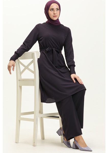 Kuşaklı Tunik Pantolon Ikili Takım 0690-02 Mor