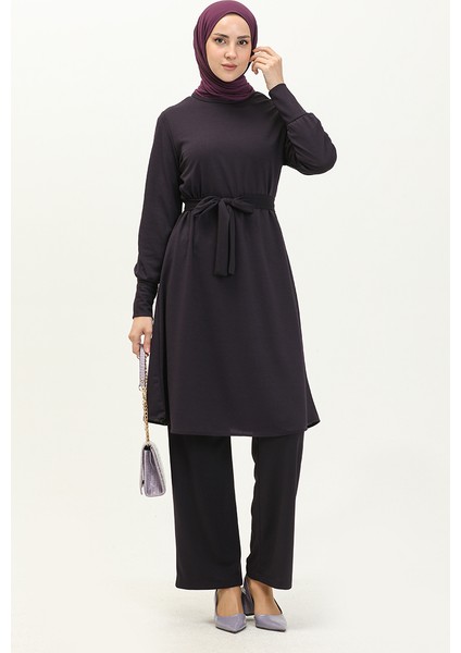 Kuşaklı Tunik Pantolon Ikili Takım 0690-02 Mor