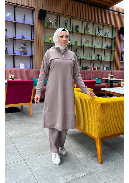 Iki Iplik Fermuarlı Eşofman Takım 3062-06 Vizon