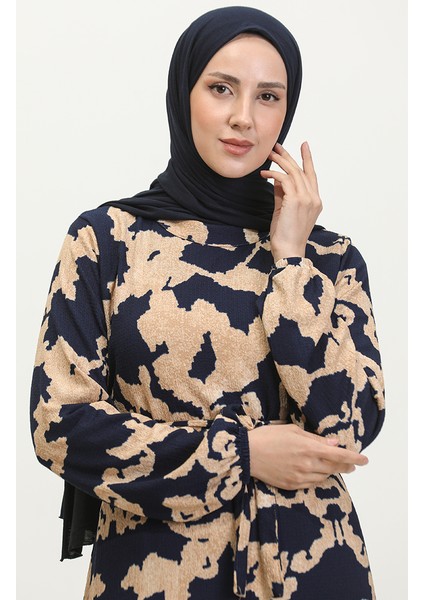 Yezra Desenli Kuşaklı Elbise 0345-02 Lacivert Bej modelleri