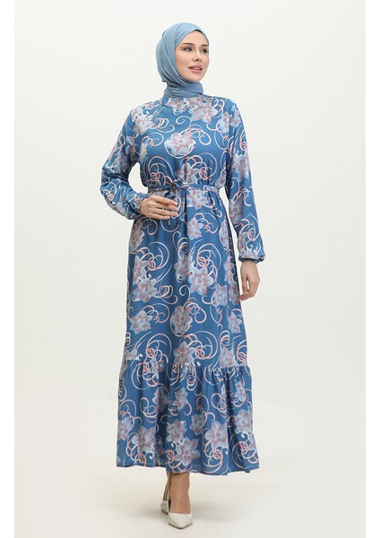 Çiçekli Kuşaklı Elbise 0373-03 Indigo fiyatları
