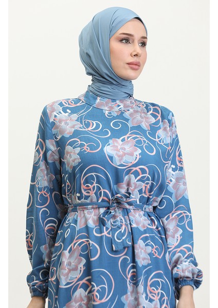 Çiçekli Kuşaklı Elbise 0373-03 Indigo modelleri