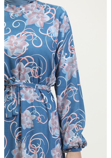 Çiçekli Kuşaklı Elbise 0373-03 Indigo fırsatları