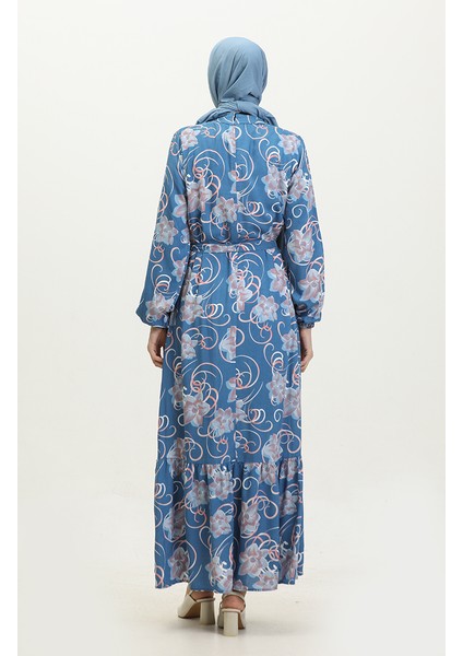 Çiçekli Kuşaklı Elbise 0373-03 Indigo indirimleri