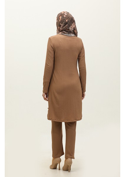 Düğme Detaylı Tunik Pantolon Ikili Takım 0101DA-02 Kahverengi