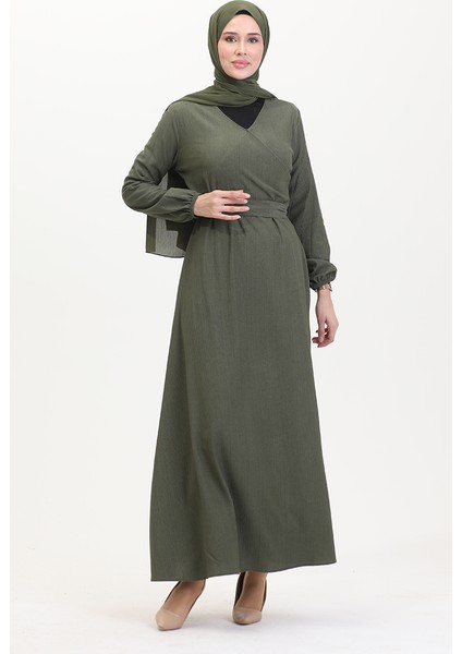 Bürümcük Kumaş Yandan Bağlamalı Elbise 1033-01 Haki
