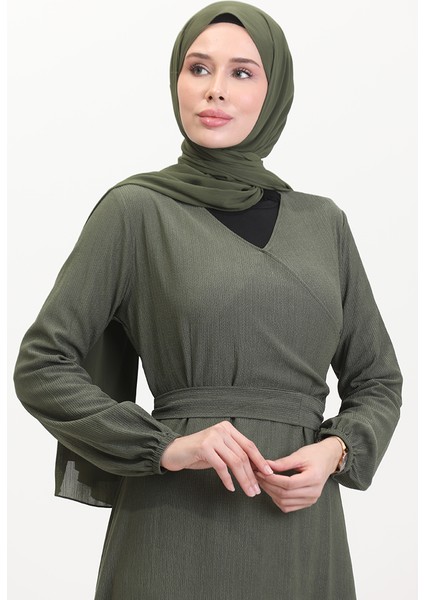 Bürümcük Kumaş Yandan Bağlamalı Elbise 1033-01 Haki