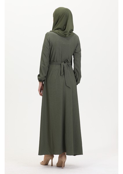 Bürümcük Kumaş Yandan Bağlamalı Elbise 1033-01 Haki