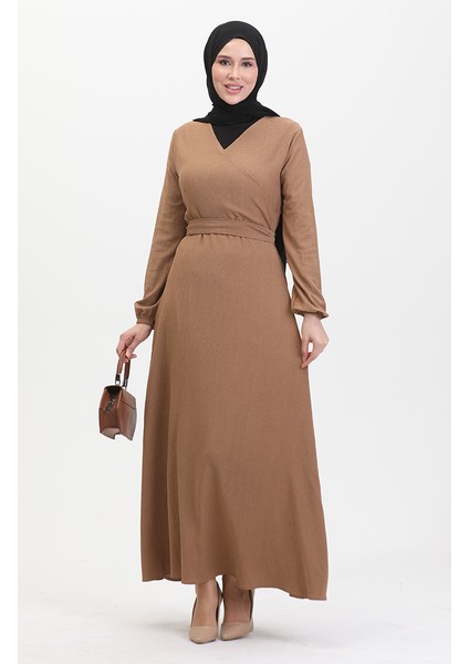 Bürümcük Kumaş Yandan Bağlamalı Elbise 1033-05 Sütlü Kahve
