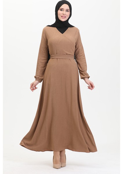 Bürümcük Kumaş Yandan Bağlamalı Elbise 1033-05 Sütlü Kahve fiyatları