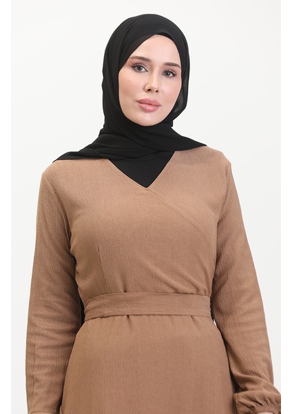 Bürümcük Kumaş Yandan Bağlamalı Elbise 1033-05 Sütlü Kahve modelleri