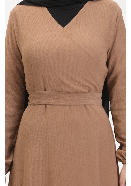 Bürümcük Kumaş Yandan Bağlamalı Elbise 1033-05 Sütlü Kahve fırsatları