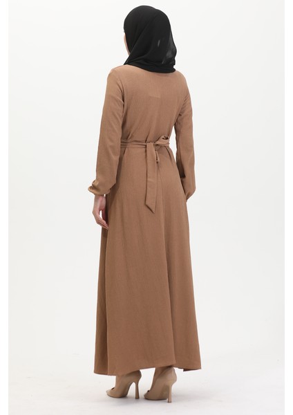 Bürümcük Kumaş Yandan Bağlamalı Elbise 1033-05 Sütlü Kahve indirimleri