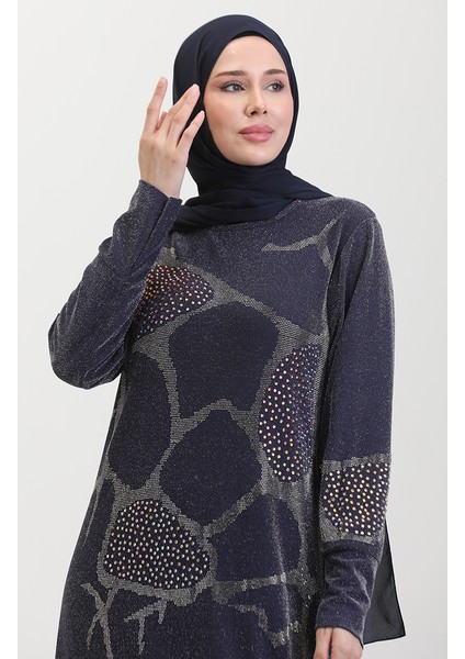 Taşlı Abiye Elbise 0432-02 Lacivert