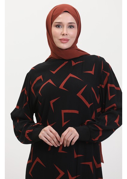 Desenli Elbise 0455-01 Siyah Kiremit