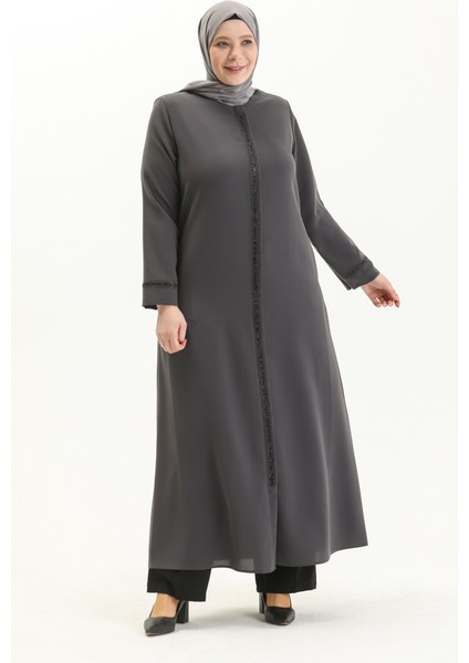 Büyük Beden Taş Baskılı Ferace 5055-01 Gri