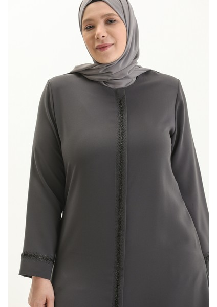 Büyük Beden Taş Baskılı Ferace 5055-01 Gri modelleri