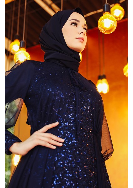 Payetli Abiye Elbise 5346-04 Lacivert