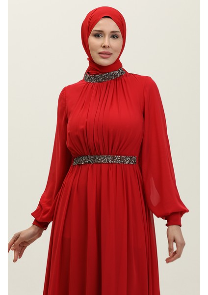 Taşlı Pileli Abiye Elbise 5339A-03 Bordo
