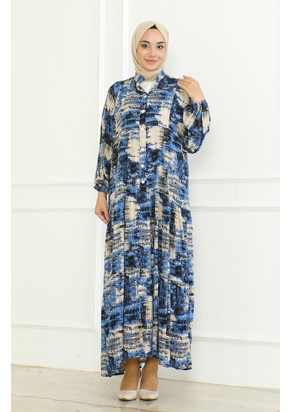 Desenli Viskon Elbise 0466-03 Indigo