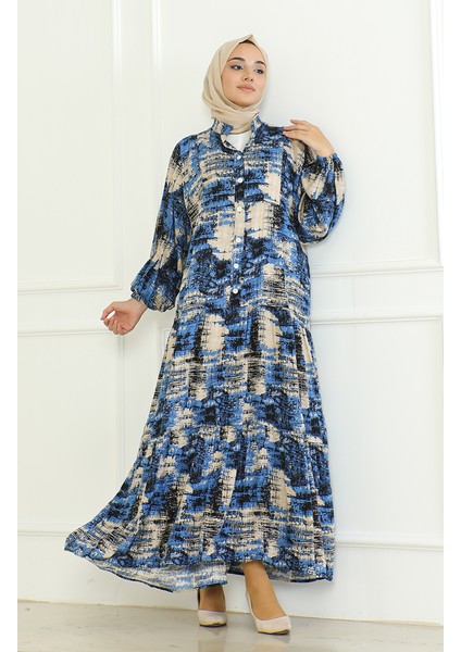 Desenli Viskon Elbise 0466-03 Indigo