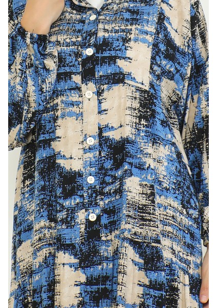 Desenli Viskon Elbise 0466-03 Indigo