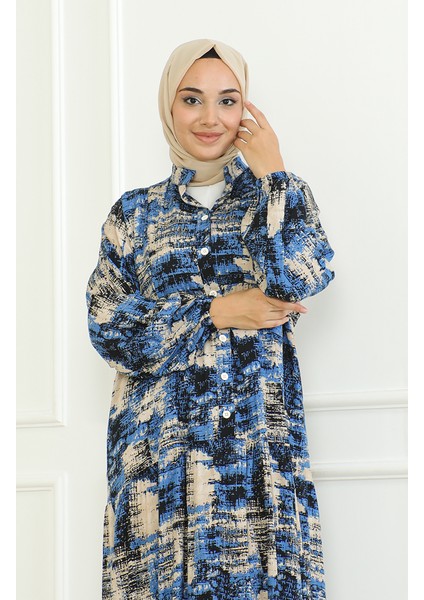 Desenli Viskon Elbise 0466-03 Indigo