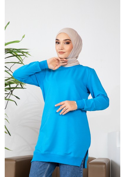 Iki Iplik Yırtmaç Detaylı Sweatshirt 9103-01 Mavi