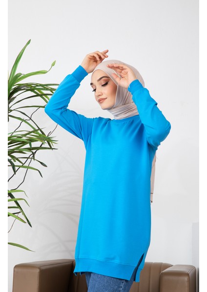 Iki Iplik Yırtmaç Detaylı Sweatshirt 9103-01 Mavi fırsatları