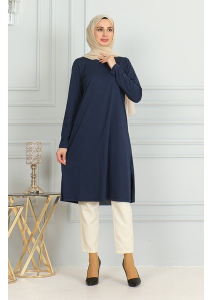 Yırtmaçlı Uzun Tunik 9141-07 Lacivert