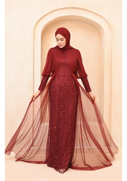 Payetli Abiye Elbise 5346-18 Bordo