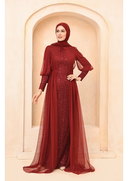 Payetli Abiye Elbise 5346-18 Bordo