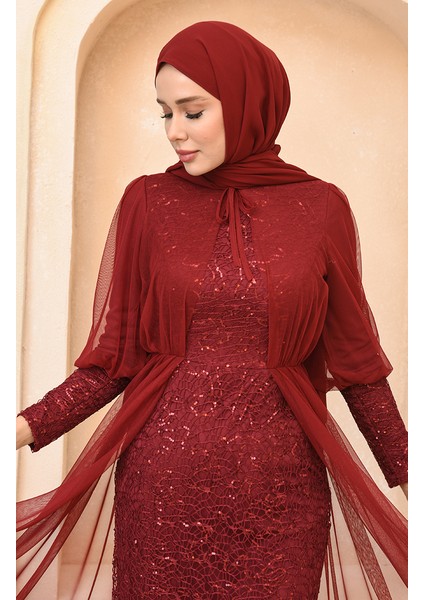 Payetli Abiye Elbise 5346-18 Bordo