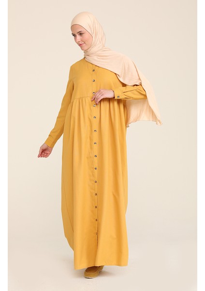 Doğal Kumaş Düğmeli Elbise 3307-15 Sarı