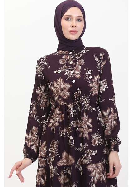 Desenli Viskon Elbise 0509-01 Mor