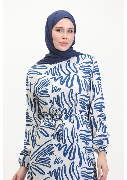 Desenli Kuşaklı Viskon Elbise 0519-02 Indigo Beyaz