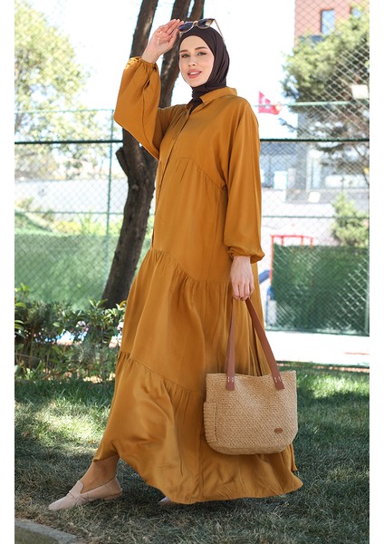 Kolu Lastikli Düğmeli Elbise 0463-06 Taba