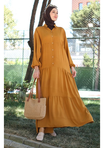 Kolu Lastikli Düğmeli Elbise 0463-06 Taba fiyatları