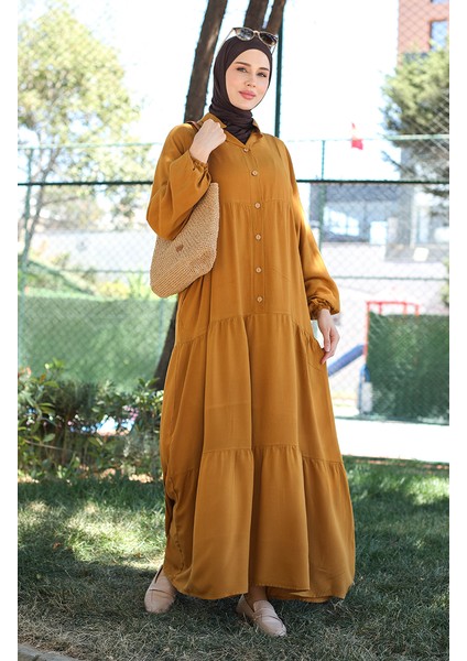 Kolu Lastikli Düğmeli Elbise 0463-06 Taba modelleri