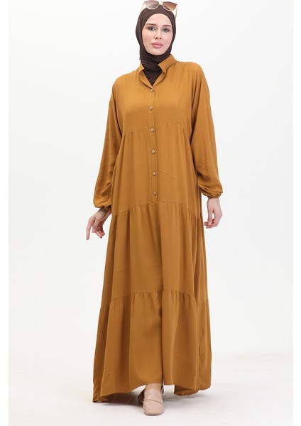 Kolu Lastikli Düğmeli Elbise 0463-06 Taba indirimleri