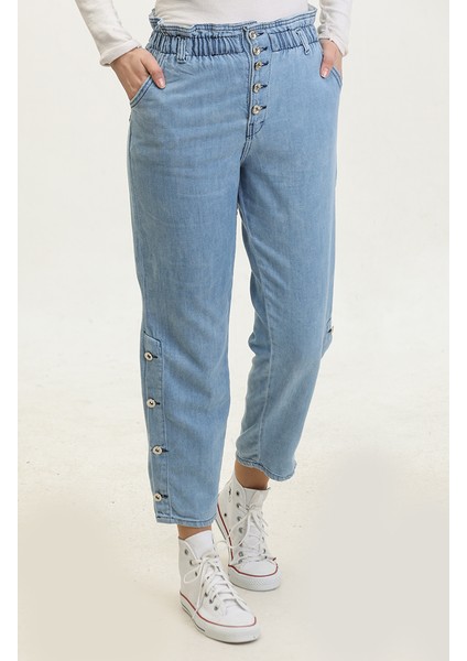 Düğmeli Mom Jean Kot Pantolon 3100131-01 Açık Mavi
